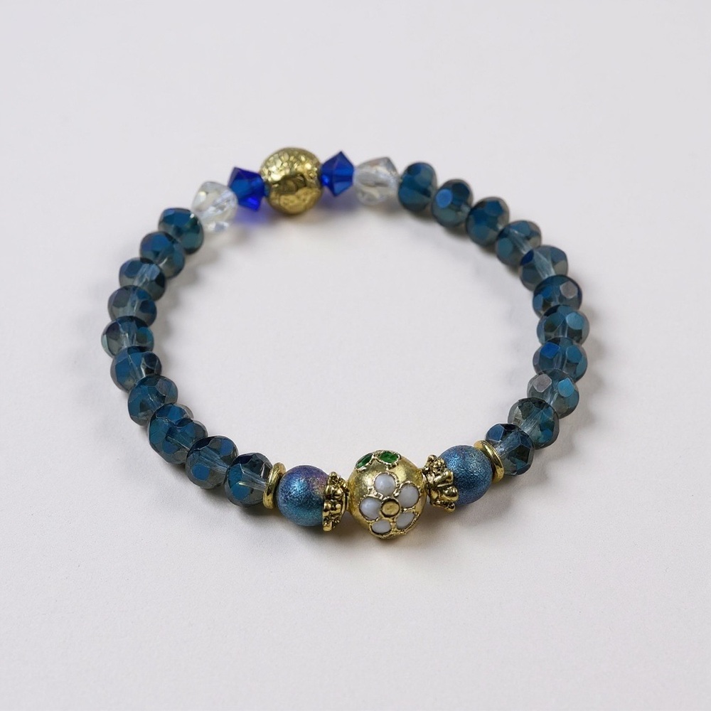 Handcrafted Electric Blue Faceted Rondelle Floral Cloisonné Stretch Bracelet